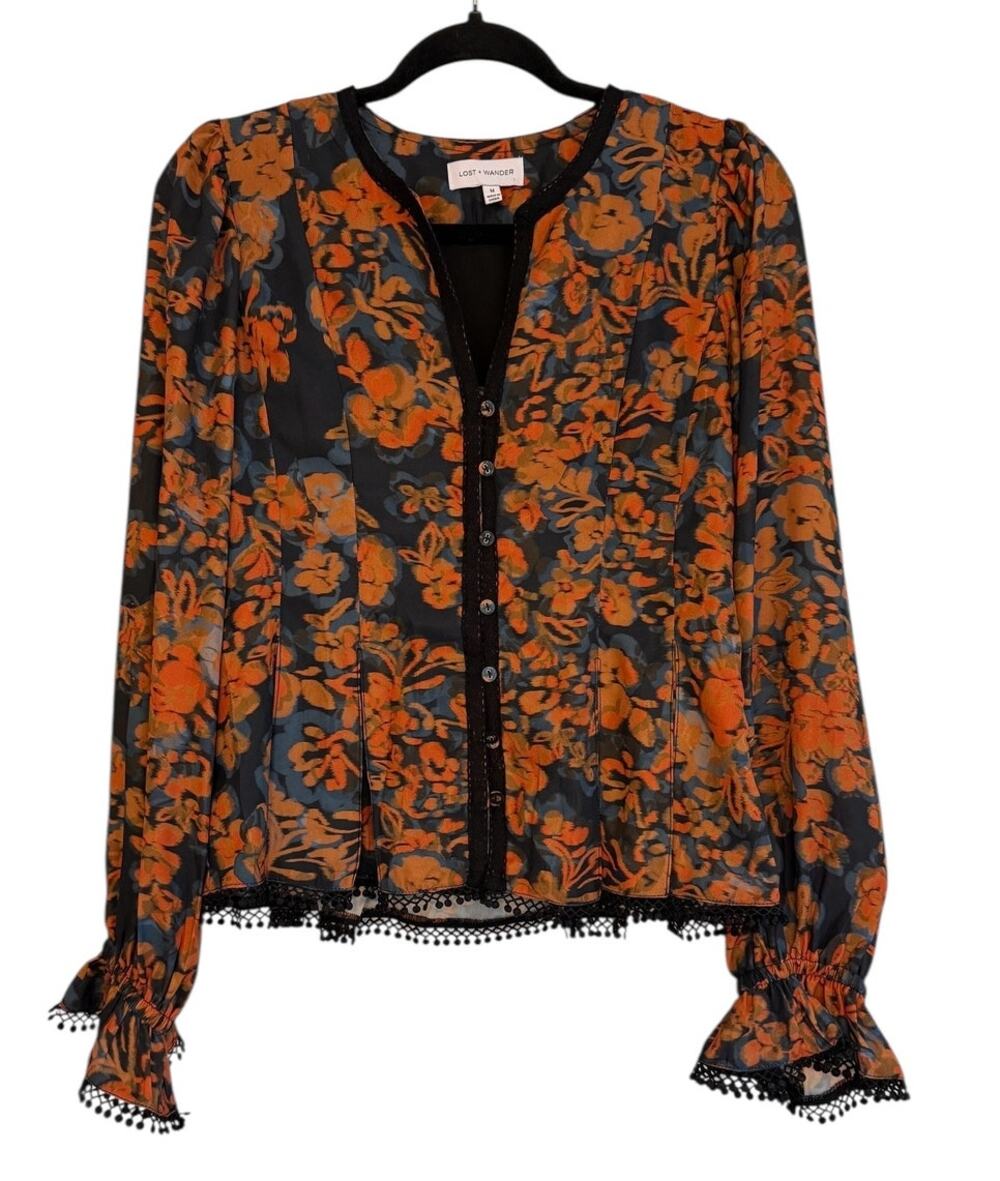 Lost + Wander Sheer Floral Blouse M Black Rust Boho Button Front Dark Romantic